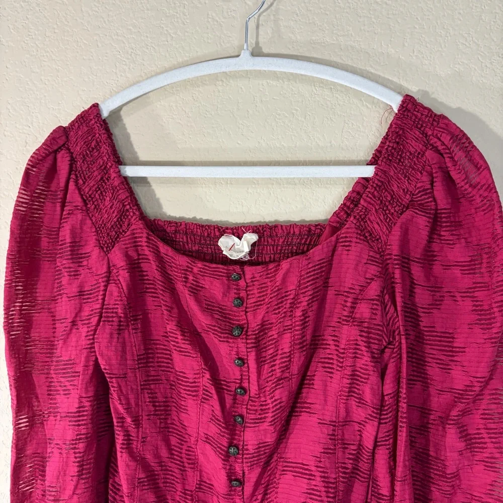 Anthropologie Pink Floral Ruffle Blouse Smocked Puff Sleeve Sz XS Cottagecore
